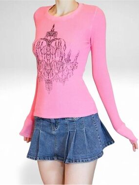 Y2K Pink Rhinestone Thermal Top Yvette Mandell Graphic Long Sleeve Women’s S